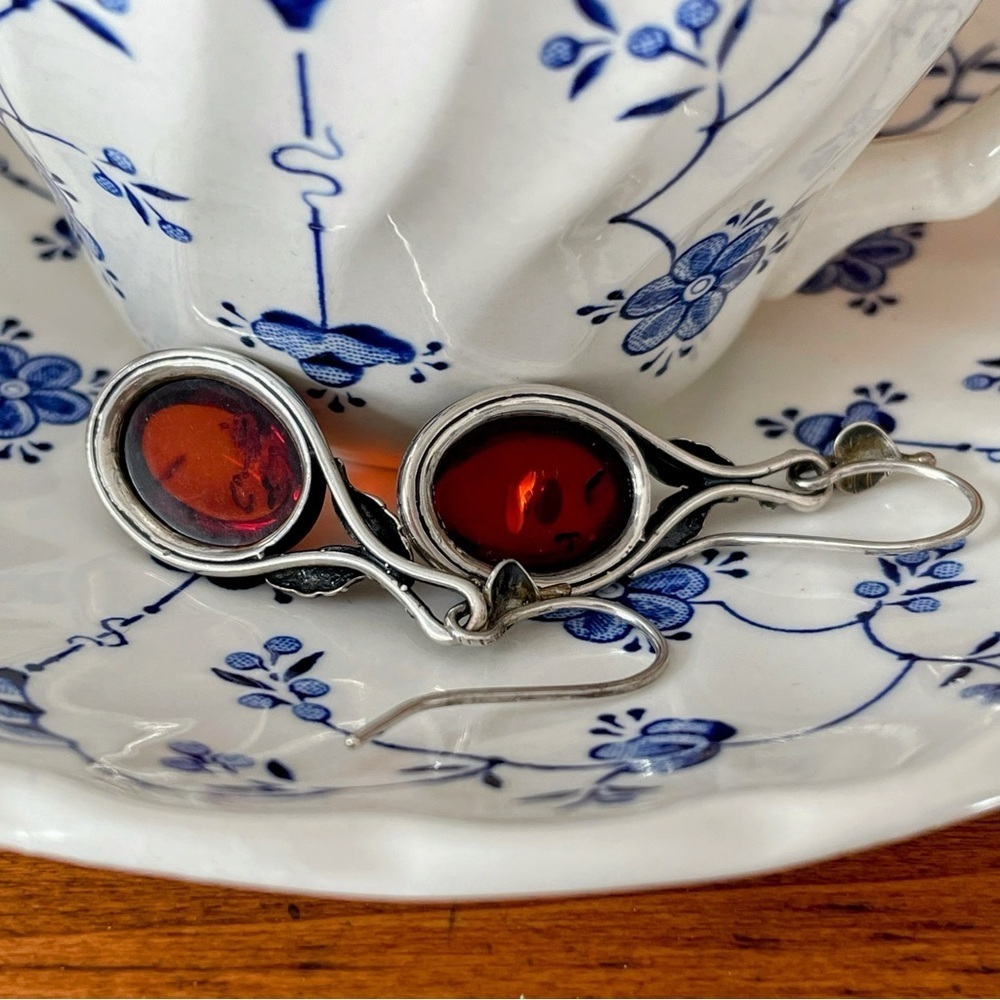 Antique Arts & Crafts Period Silver & Baltic Amber Cabochon Drop Earrings - Picture 3 of 7